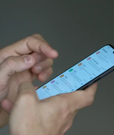 Mãos de pessoa segurando telefone celular